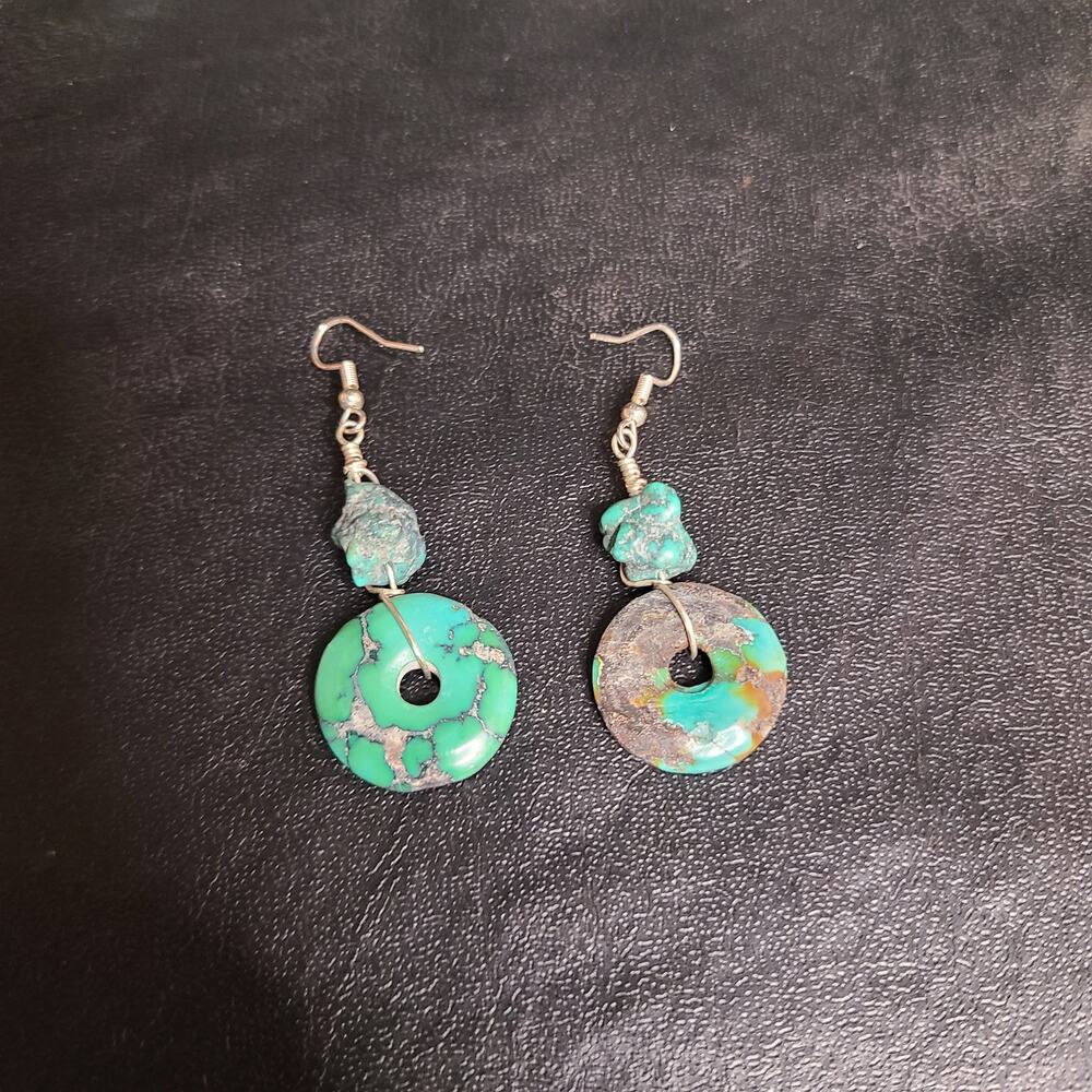 Handmade turquoise disk and raw stone dangle earrings